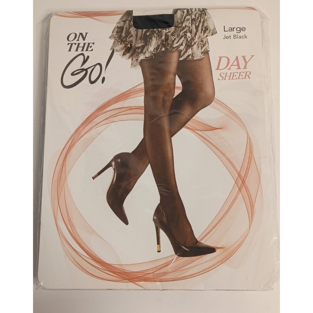 On The‎ Go Day Sheer Pantyhose- Large Jet Black Invisible Reinforced Toe - New